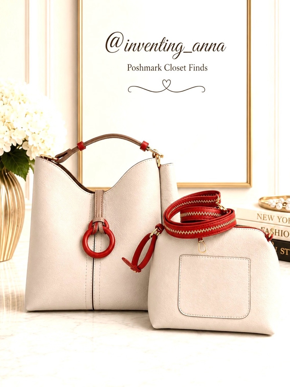 FOX  Greige Shoulder Bag w/Attached Make-Up Bag Crossbody Strap Red Trim Accents